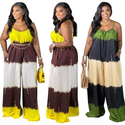 Plus Size Jumpsuit Women Wholesale One Piece Outfits Casual Sexy Sleeveless Slip Loose Stripe Pockets Romper Summer Dropshipping