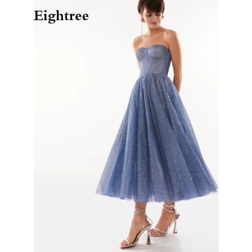 Eightree Blue Glitter A-Line Short Prom Dresses Sleeveless Sparkly Formal Evening Dress Sweetheart Shinny Party Dresses