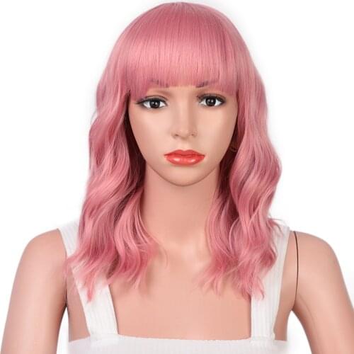 Lativ Synthetic Short Pink Wave Wig with Bangs Bob Wigs for Women Synthetic Shoulder Length Natural Daily Use Heat Resistant