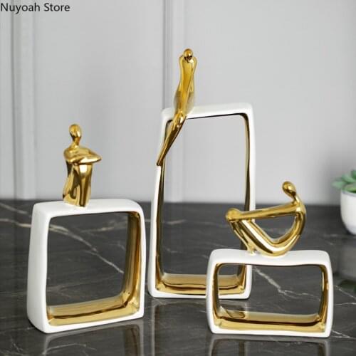 Modern Minimalist Creative Ceramic Ornaments Abstract Golden Art Figure Statue Desktop Ornaments Home Decoration Accessories