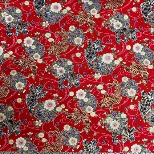 Red Fish Japanese Wave Fabric,Bronzing Cotton Fabric Cloth For Sewing Kimono Dolls & Bags Needlework Patchwork