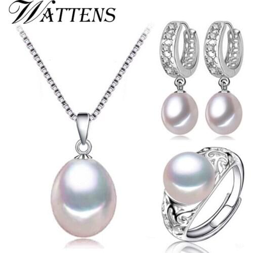 WATTENS Freshwater Pearl Jewelry,White Jewelry Sets for Women Pearl Necklace/ Earrings/rings,fashion cute design with gife box