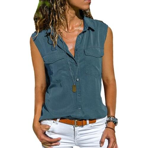 Women Summer Sleeveless Pure Color Shirt Casual Tank Tops Loose Button-Up Lady Plus Size Turndown Collar Elegant Ladies Pocket