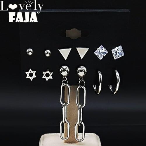 6 Pair 2021 Fashion Punk Lightning Crystal Stainless Steel Earrings Stud for Women Silver Color Earring Jewelry aretes E612903