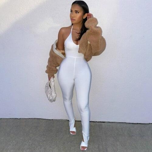 2021 New Women Sexy Hollow Skinny Halter Jumpsuit Sleeveless Backless Solid Color V-neck Slit Tie Up Jumpsuits for Female Ladies