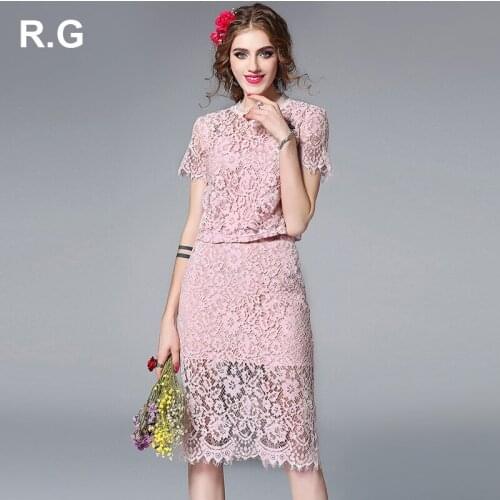 RG Women Lace Skirt 2 Piece Set Suit Summer Office Pink Blue Lace Crop Tops and Pencil Skirt 2018 Vestidos with Brooch