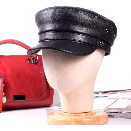 Womens Mens Real leather Black Beret Naval Hat Newsboy Militry Army/Navy Caps/Hats