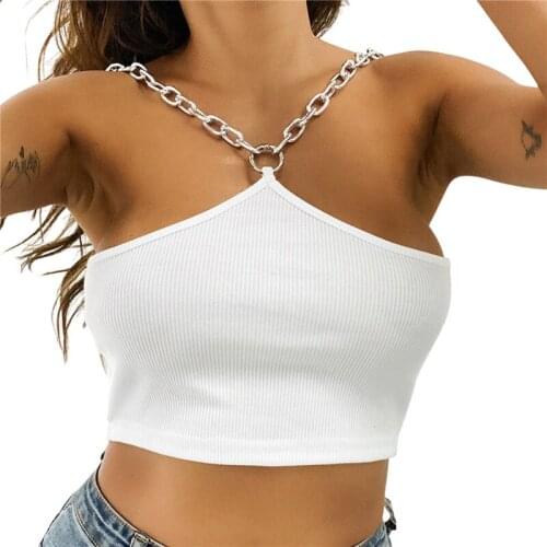 Women’s Solid White Knitted Vest Tops Sleeveless Low Neck Metal Chain Halter Crop Short Clothes Summer Casual Streetwear