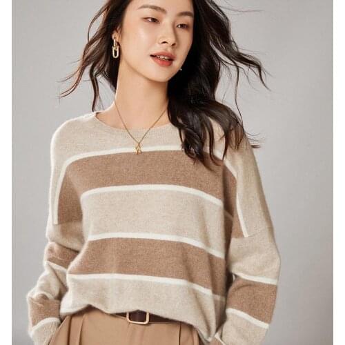 Autumn Winter Woman' Sweater Chic Striped O-Neck Long Sleeve Casual Female Pullover 100% Wool Knitted Tops Loose Jumper Clothing