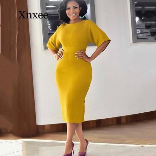 Office Ladies Elegant Dress Women Fashion Yellow Short Sleeve Plus Size Bodycon High Waist Big Sizes Work Sexy Midi Dress Female