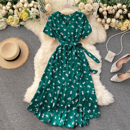 Summer Beach Maxi Dress Print Boho Long Chiffon Dress Women Floral V-Neck Ruffles Wrap Casual Split Sexy Party Dress vestidos