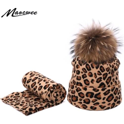 Winter women pompon beanie hat scarf set Leopard Sexy outdoor warm 2 pieces fur pom pom hat scarf hedging caps for female girls
