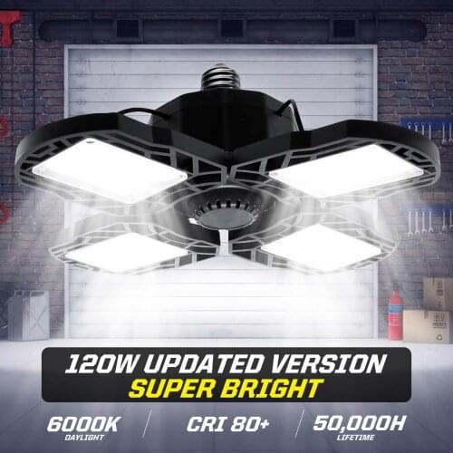 120W LED Garage Light Bulb Deformable Ceiling Fixture Foldable Workshop Lamp AC85-265V 6000LM Led High Bay Industrial Lamp