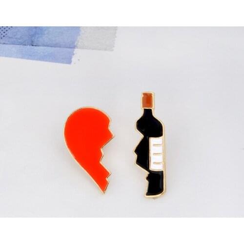 2pcs/Set Broken Heart Wine Bottle Brooches Metal Enamel Red Black Brooch Pins Denim Bag Pin Badge Jewelry For Girls Boys Trinket