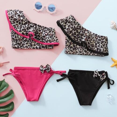 2021 Two-Color Summer Swimsuit Two-Piece Model Oblique Shoulder Ruffled Summer Leopard Swimsuit Baby Split Swimsuit