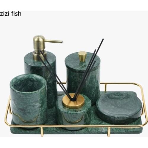 Green Natural Marble Bathroom Decoration Accessories Portable Soap Dispenser Soap Dish Toothbrush Cup Storage Tray Bath Supplies