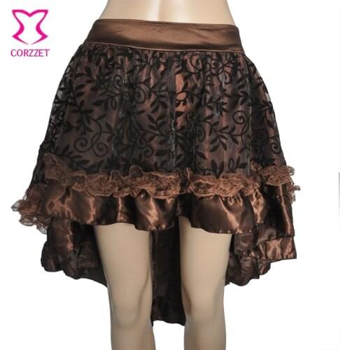 Corzzet Brown Satin And Mesh Steampunk Gothic Vintage Skirts Burlesque Costume Sexy Ruffle Skirt For Women Matching Corset