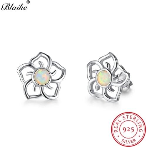 Blaike Elegant White Fire Opal Cherry Flower Stud Earrings Solid S925 Sterling Silver Rainbow Birthstone Double Earrings Jewelry
