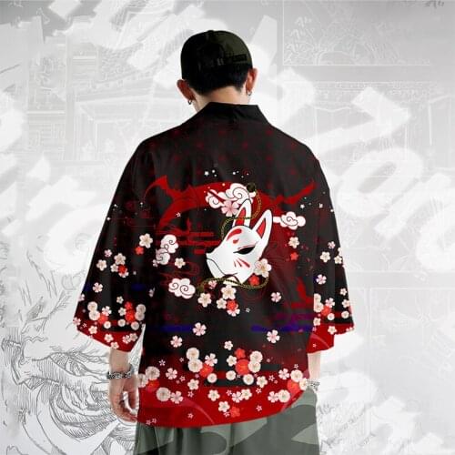 Fox Printing Yukata Haori Men Japanese Kimono Cardigan Men Samurai Costume Clothing Kimono Jacket Mens Kimono Shirt and Pants