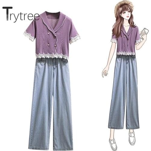 Trytree 2020 Summer Women Two piece sets Casual V-neck Double Breasted knitting Tops + Cowboy Pants Wide Leg Pants 2 Piece Set