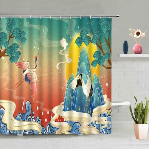 Chinese Style Shower Curtain Sets Crane Animals Creative Blue Ocean Wave Mountain Bathtub Decor Screen Washable Hanging Curtains