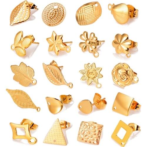 10pcs Stainless Steel Gold Earring Stud Flowers Geometric Round Earrings Base Connectors Linker For Jewelry Making Accessories
