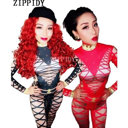 Fashion Black Red Sexy Bandage Printed Jumpsuit Female Singer Dancer Costume Stretch Bodysuit Performance Dance Wear