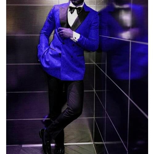 Double Breasted Groomsmen Royal Blue Pattern and Black Groom Tuxedos Peak Lapel Men Suits ( Jacket+Pants+Vest+Bow Tie ) D305