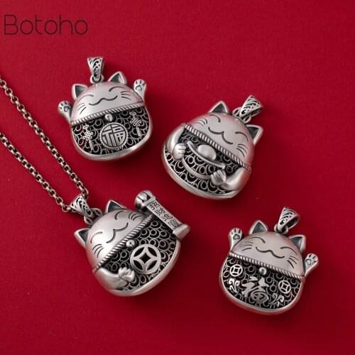 Lovely Lucky Cats Necklaces No Chain Real 999 Silver Animals Thai Silver Kitty Pendants Ethnic Pets Cat Fashion Jewelry