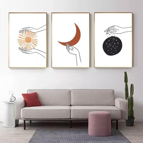 Nordic Style Line Drawing Posters and Prints Celestial Line Wall Art Sun Moon Stars Wall Pictures for Living Room Home Decor