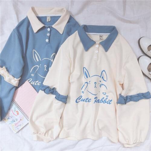 QWEEK Kawaii Polo Women Sweatshirt Japanese Soft Girl Cute Rabbit Bunny Print Long Sleeve Hoodie Korean Fashion Alt Clothes 2021