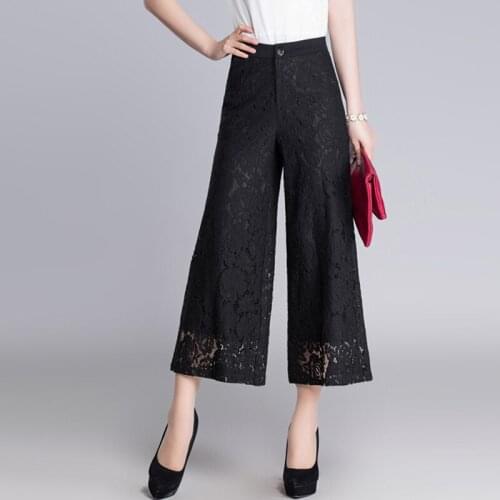 Korean Style 2019 New Arrival Summer Women Female High Waisted Black Lace Pants , Woman Office Casual Ankle Length Trousers