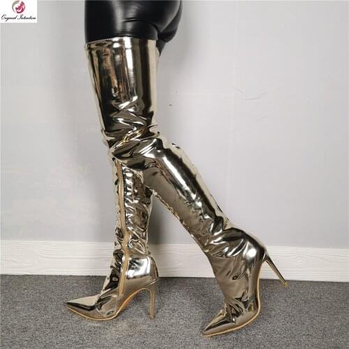 Original Intention Sexy Mirror Patent Leather Thigh High Boots Woman Gold Pointed Toe Gorgeous Party Shoes Female Sexy Charm