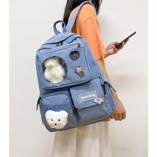 Backpack for Women Cute Bear Transparent pocket Simple Harajuku School Bag Students Couples Ins Backpack Korean Style Ulzzang