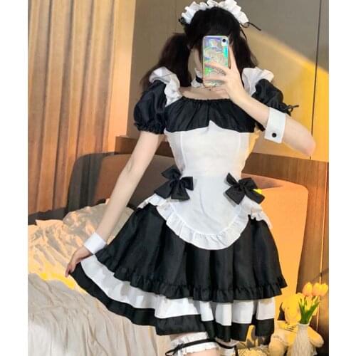 Summer New Japanese Kawaii Lolita Dress Women Suit Sweet Splicing Vintage Maid Cosplay Outfit Bow Ruffles Party Princess Dresses