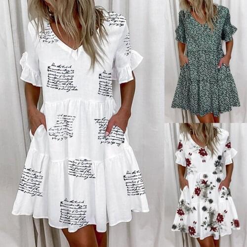Casual Ruffles Loose V-Neck Dress Women Summer Short Sleeve Floral Print Woman Dress Plus Size 2021 Fashion White Beach Dresses