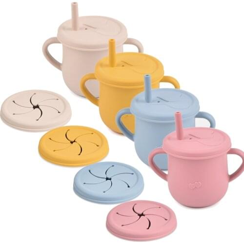 1Cup 2Lid Silicone Sippy Cups Snack Cup Baby Training Cup Food Grade Silicone Leakproof Drinking Straw Cup Feeding Drinkware