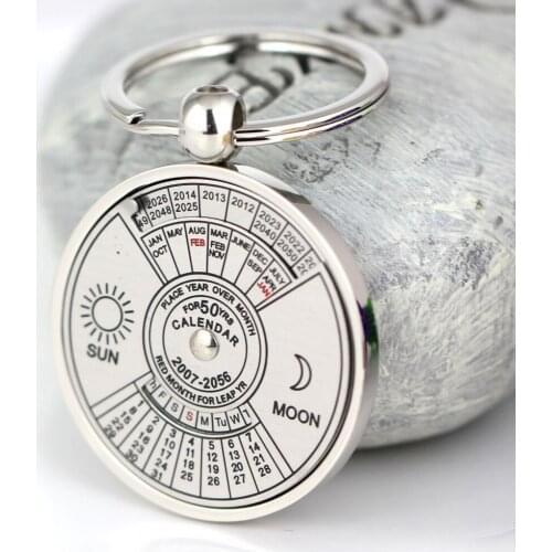 10PCS/Lot,Practical Calendar Keychain Creative 3D Fifty Years From 2007 To 2056 Sun and Moon Key Chain Ring Keyfob Keyring