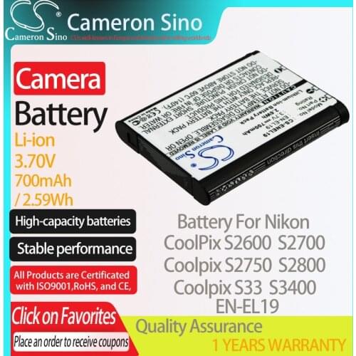 CameronSino Battery for Nikon CoolPix S2600 S2700 S2750 S2800 S33 S3400 S3500 S4400 fits Nikon EN-EL19 Digital camera Batteries