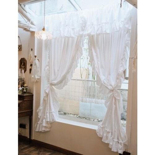 French White Cotton Curtains with Valance for Girls Bedroom Ruffles Curtain Living Room Rod Pocket Solid Color Window Curtain
