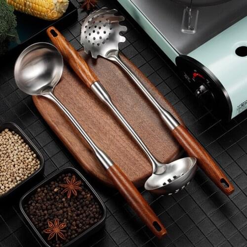 Wood handle hot pot soup spoon shell leaky spoon 304 stainless steel filter soup spoon cooking kitchenware kitchen tools