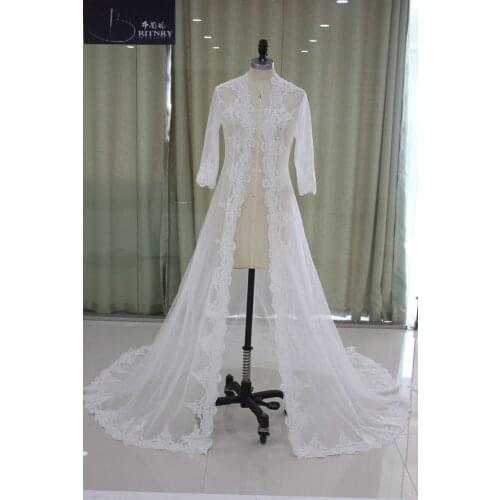 Elegant Long Capes Wedding Accessories Appliques 3/4 Long Sleeve Court Train Bolero Mariage Real Photos