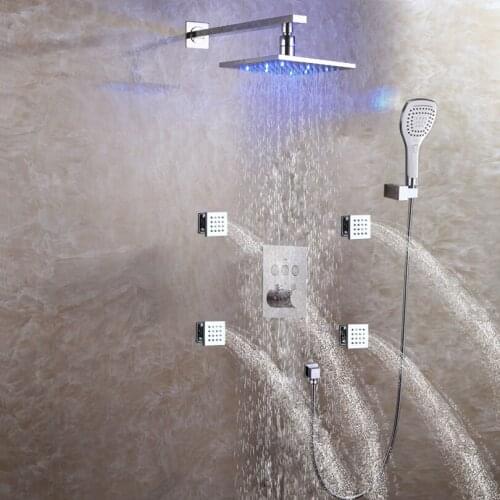 DULABRAHE Thermostatic Bathroom Rain Shower Faucet Set System Brass 8 Inch Rainfall Faucet LED Head Wall Mounted Conceal Chrome