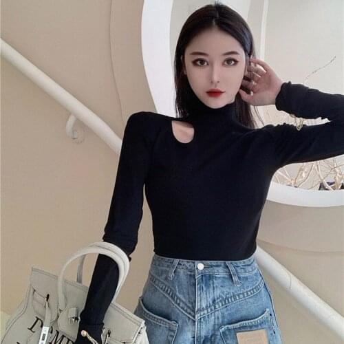 Hollowed Out And Leaky Clavicle Sexy Bottoming T Shirt Woman Tshirts Autumn And Winter High Neck Slim Fit T-shirt Women Clothing