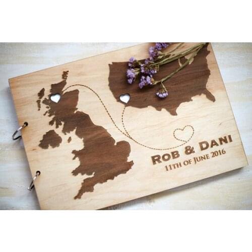 Engraved Wedding Guest Book Alternative,Rustic Custom Long Distance Map Guest Book,Unique Honeymoon Graduation Trip Guestbook