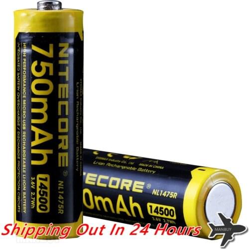 TOPSALE NITECORE NL1475R 750mAh14500 High Performance Micro-USB Rechargeable Li-ion Battery 2.7Wh Button Top Protected Battery