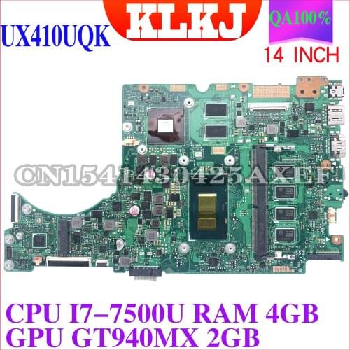 KLKJ UX410UQK(14 inch Laptop motherboard for ASUS UX410UQ UX410U UX310U original mainboard 4GB-RAM I7-7500U GT940MX-2GB