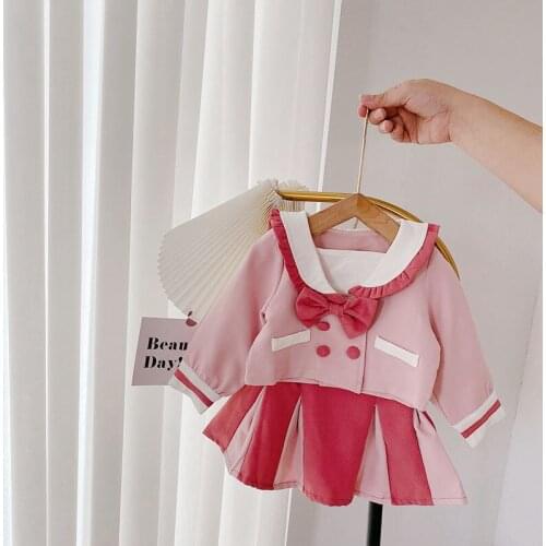 Preppy Outfits Kids Autumn Girls Princess Clothes Set Baby Children Bow Coat Cardigan+Pleated Skirt 2pcs Sweet Suit ADK31