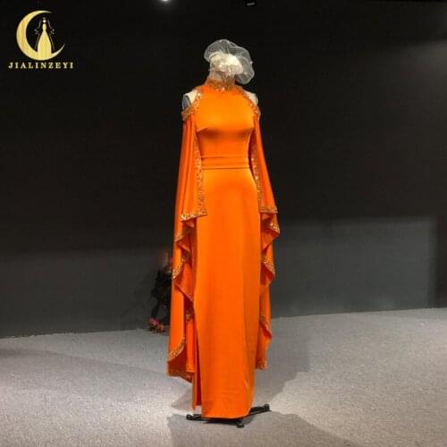 Rhine real Pictures Red Long Sleeves High Neck Orange Stain Mermaid Fashionvestidos de noche платье на выпускной evening dresses
