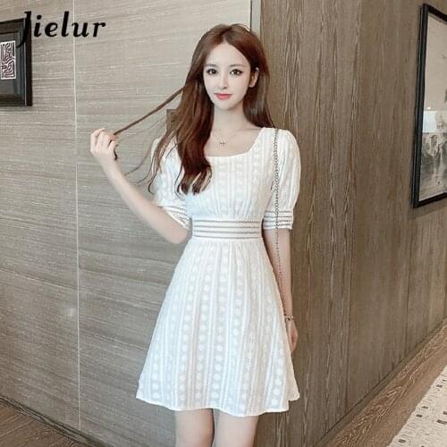Jielur Summer Dress Short Sleeve Lace High Waist Solid Color Elegant Vestidos White Dresses Loose Floral Slim Chic Women Dress